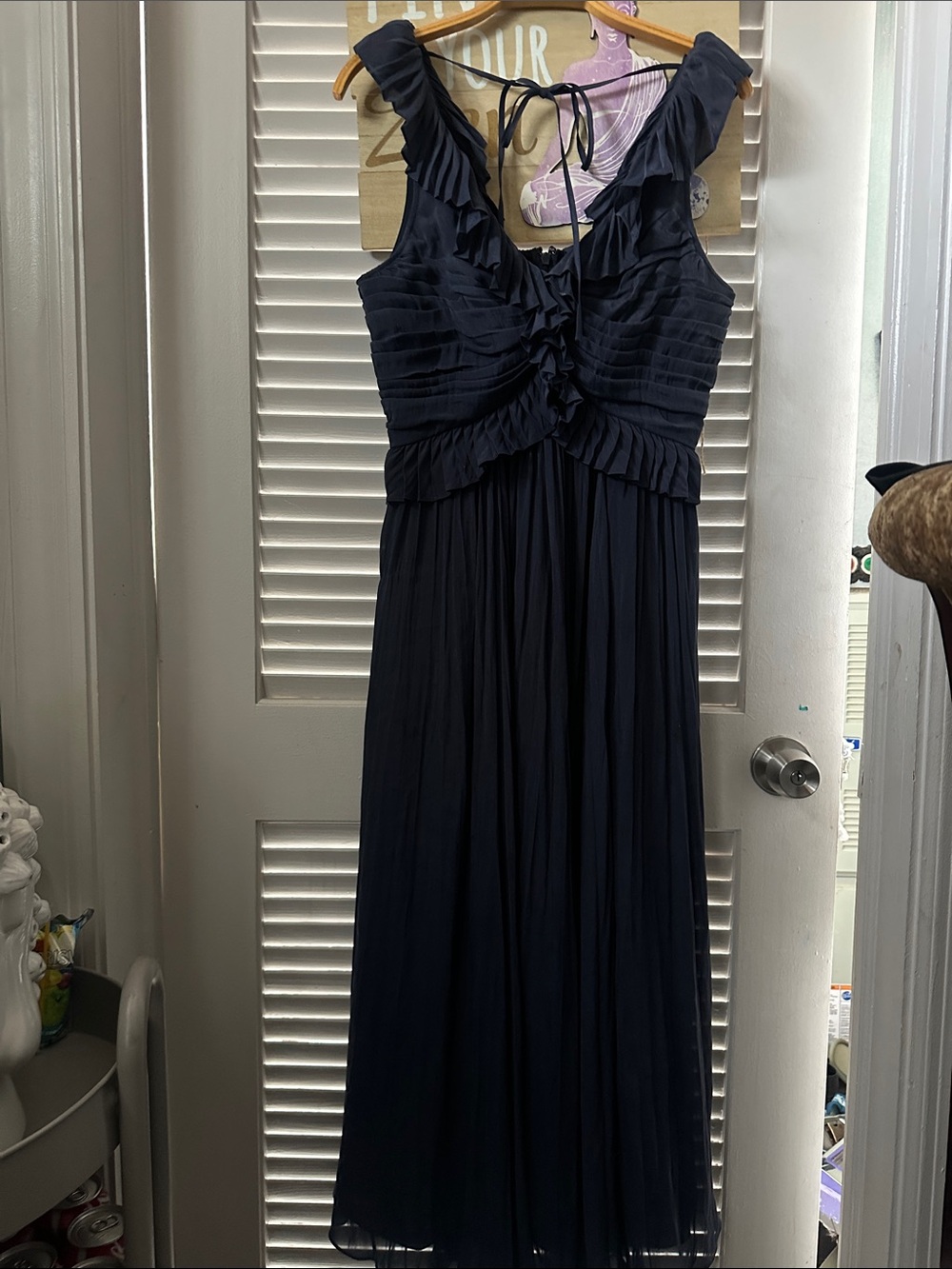cinq a sept Navy Ruffled Pleated Maxi Dress